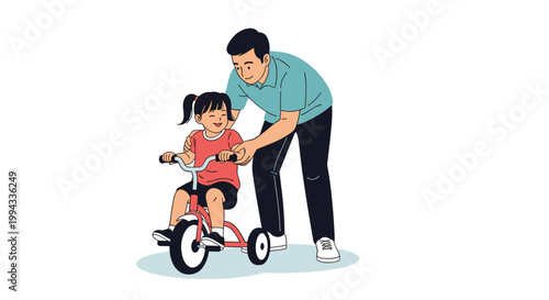 Happy father assisting his young daughter as she learns to ride a red tricycle in a flat vector illustration.