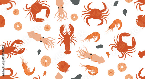 Seamless marine food pattern featuring various types of fresh crabs shrimp and squid icons on a white surface.
