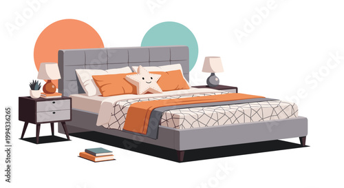 Modern bedroom interior design featuring a comfortable grey bed with orange pillows and geometric patterned rug.
