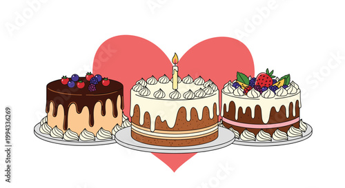 Three delicious chocolate and fruit decorated birthday cakes placed in front of a large pink heart background.