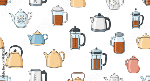 Seamless kitchen pattern showing various types of teapots glass french presses and electric kettles on white.