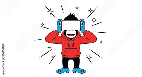 Funny monkey character wearing a virtual reality headset surrounded by sparkling stars and comic burst lines.