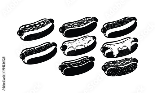 Vector silhouette illustration of various hot dogs with different toppings isolated on white.