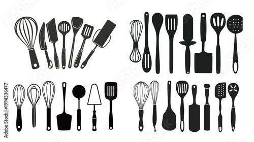 Collection of black silhouette kitchen icons vector illustration cooking utensils set minimal kitchenware outline design