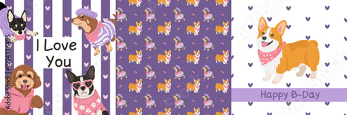 Wall Mural Happy birthday greeting cards and seamless pattern with dogs on purple striped b