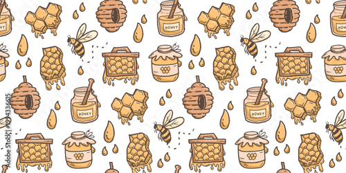 Honey hand drawn pattern. Honey farm background doodle. Beehive line art illustration for packaging. Bumble bee seamless pattern containing honeycomb, jar, dipper.