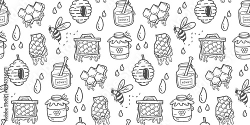 Honey hand drawn pattern. Honey farm background doodle. Beehive line art illustration for packaging. Bumble bee seamless pattern containing honeycomb, jar, dipper.