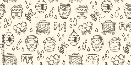 Honey hand drawn pattern. Honey farm background doodle. Beehive line art illustration for packaging. Bumble bee seamless pattern containing honeycomb, jar, dipper.