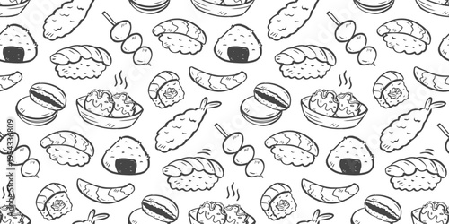 Sushi rolls doodle background. Japanese food pattern background. Cute Asian culinary seamless pattern. Japan cuisine hand drawn pattern with Sushi, Maki, Nigiri, Onigiri, Dango, Takoyaki, Tempura.