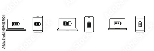 Vektor line art of an electronic device (laptop or cell phone) with a battery symbol. Vektor, illustration, minimalist, icon, set icon