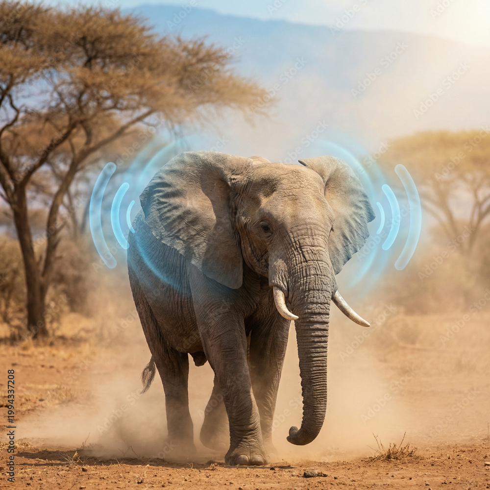 Fototapeta premium African elephant flapping ears for thermoregulation in dry savanna habitat during heat adaptation