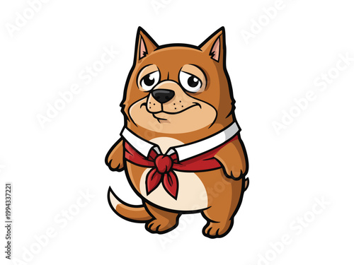Adorable cartoon dog character with brown fur wearing a red neckerchief and smiling with a friendly, loyal expression.