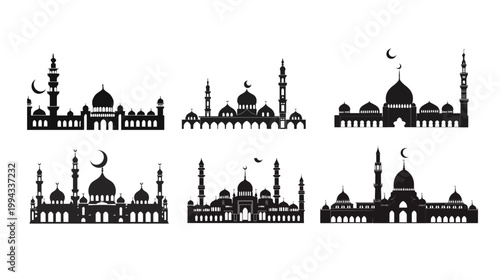 Black silhouette of a mosque vector illustration Islamic architecture icon minimal religious building skyline design
