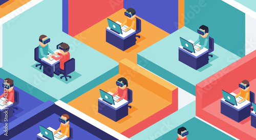 Virtual reality collaboration and remote teamwork illustrated with people in VR headsets engaging in digital workspaces