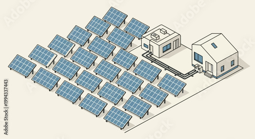 Isometric illustration of a residential solar power system providing energy to a house and connected buildings, featuring rows of solar panels, inverters, and battery storage