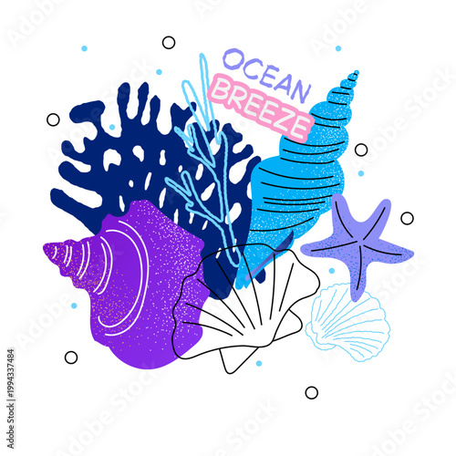 Set of colorful cartoon sea shells and starfish in various shapes and colors, isolated. For scrapbooking, summer, sea, ocean, beach, vacation, tropical, card design. Flat vector. Hand drawn items.