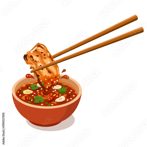 Grilled Pork Belly Dipping in Thai Spicy Sauce (Nam Jim) Vector Illustration
