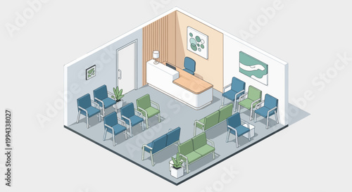Isometric medical waiting room illustration with reception desk, chairs, and artwork on walls, symbolizing healthcare and patient care environments