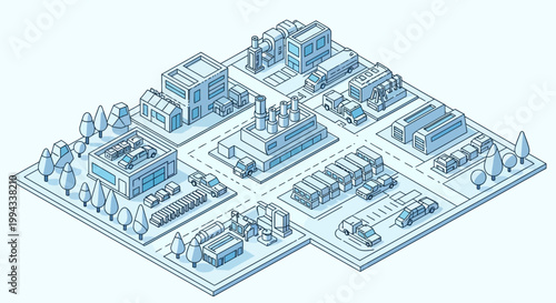 Isometric illustration of a modern industrial complex with factories and warehouses, representing manufacturing and production