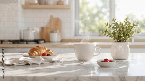Steaming Cup of Coffee and Croissant with Berries on Marble Countertop in Bright Sunlit Kitchen