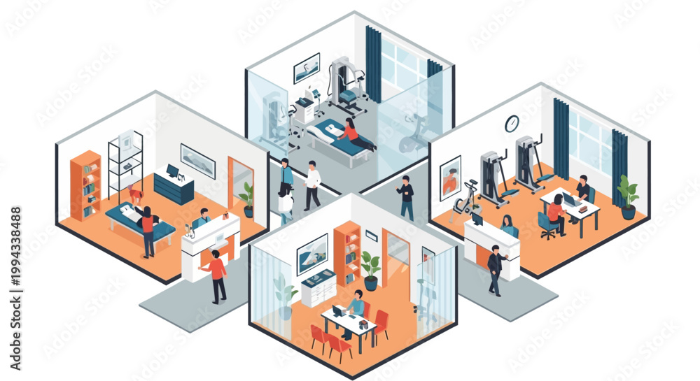 Fototapeta premium Seamless Isometric Vector Artwork Showcasing Diverse Modern Business Environments and Collaborative Workspaces with Professionals Engaged in Various Activities