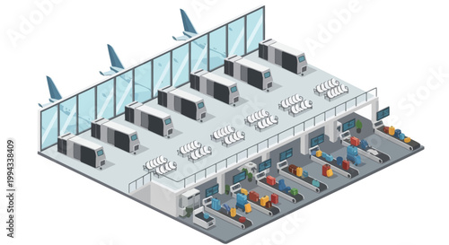 Isometric airport terminal illustration. Modern interior features baggage claim carousels, luggage, and organized security checkpoint. Depicts efficient air travel logistics