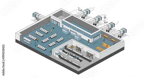 Stylized isometric illustration of a busy airport terminal, depicting passengers, waiting areas, baggage claim, and jet bridges for modern air travel