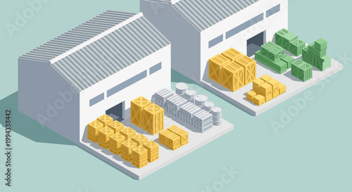 Isometric view of warehouses filled with various goods, showcasing logistics and distribution
