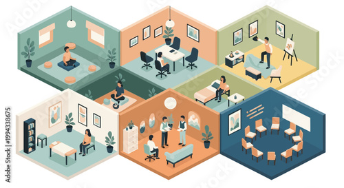 Isometric illustration depicting various rooms dedicated to well-being and personal growth, including therapy, meditation, and creative activities