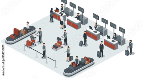 Isometric illustration of a busy airport check-in counter with passengers and luggage