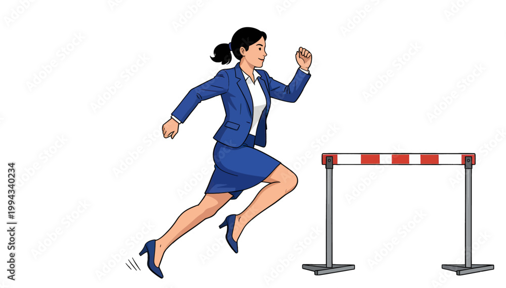 Fototapeta premium Businesswoman Jumping over Hurdle Vector Illustration, Isolated Transparent Background for Corporate Challenge and Success Concept
