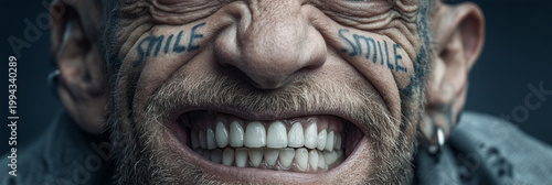 Surreal and Hyperrealistic Portrait of a Man with an Exaggerated Smile and a Tattoo That Says Smile, a Striking Conceptual Image Blending Humor and Realism with Strong Visual Impact. Generative Ai.