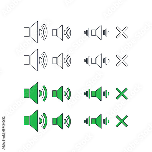 Sound Volume Icons Set: Speaker, Mute, and Levels - White and Green