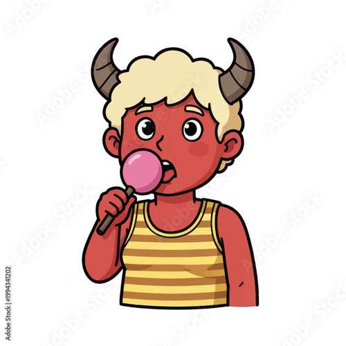 Devil Character Blowing Pink Bubble Gum, Cartoon Illustration with Horns and Striped Tank Top, Isolated on Transparent Background