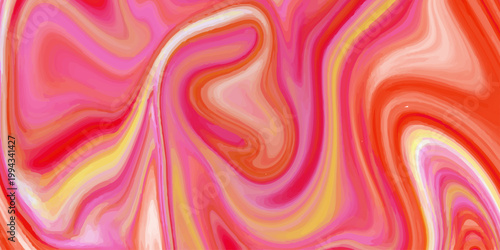 Vibrant liquid marble texture with abstract flowing swirls of red, pink, and orange; modern colorful fluid art background. A dynamic and high-contrast abstract background