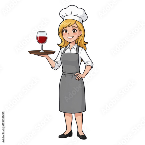 Female Server Holding Wine Glass on Tray, Restaurant Staff Illustration, Isolated Transparent Background Vector Icon for Hospitality and Dining Use