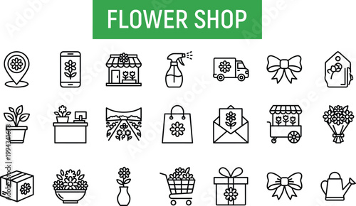 Flower shop and florist service icon set featuring bouquets, delivery, gifts, retail store elements and botanical business symbols