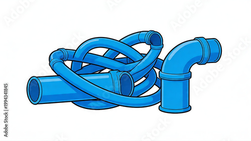 A cartoon vector illustration showing various blue PVC plumbing components including straight pipes, an elbow joint, and a tangled flexible hose on a white background.