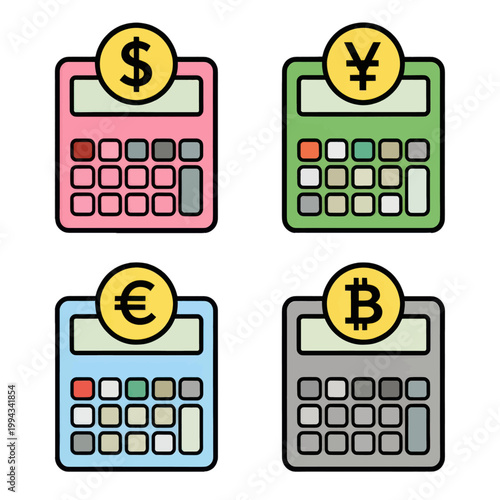Four Colorful Calculators with Currency Symbols Dollar Yen Euro Bitcoin Vector Icons, Isolated Transparent Background for Finance and Accounting Apps