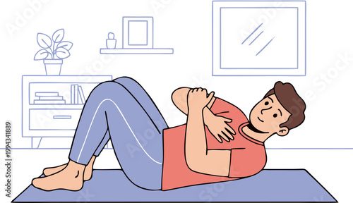 Exercise Man Performing Abdominal Workout on a Mat Indoors at Home