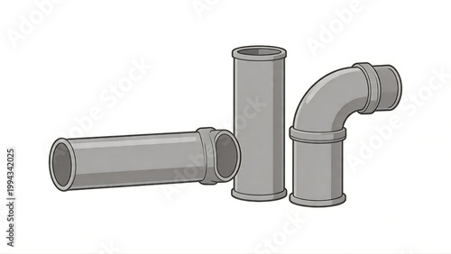 An illustration of grey plastic plumbing components including straight pipes and a ninety degree elbow joint isolated on a white background for industrial and construction themes.