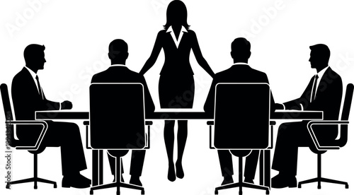 Silhouette Business Meeting with Woman Leading in Conference Room for Corporate, Leadership, and Teamwork Illustration