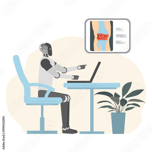Robot analyzing medical image of inflamed human knee joint in modern clean office setting