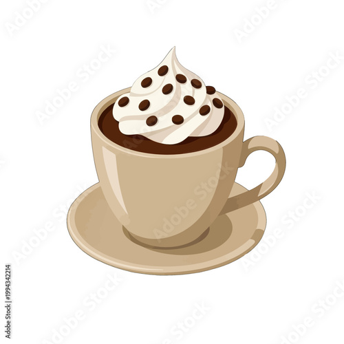 Hot Chocolate Cup with Whipped Cream and Cocoa Beans, Vector Illustration Isolated on Transparent Background for Coffee Shop or Beverage Branding