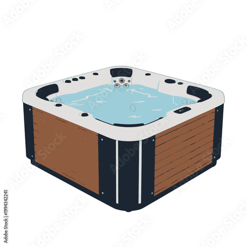 Hot Tub Spa with Water Jets and Control Panel, Isolated Vector Illustration for Wellness Relaxation Design