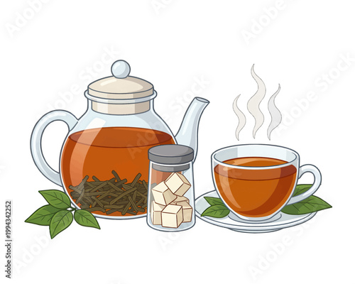 Hot Tea Pouring From Glass Teapot Into Cup with Steam Rising, Isolated Vector Illustration for Wellness and Relaxation