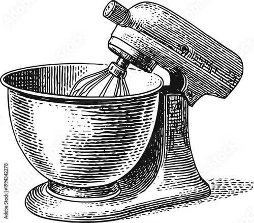 Vintage stand mixer with metal bowl and whisk attachment, retro kitchen appliance illustration