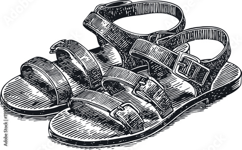 Black and white hand drawn illustration of classic open toe strapped sandals with buckles on a plain background