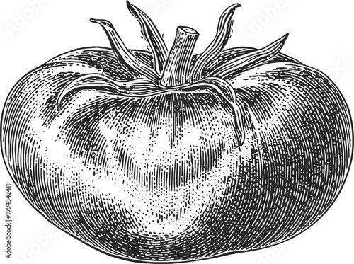 Vintage botanical illustration of a ripe tomato with stem and leaves in black and white engraving