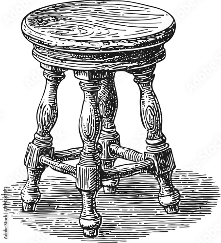 Vintage wooden stool with turned legs and round seat, classic rustic furniture design